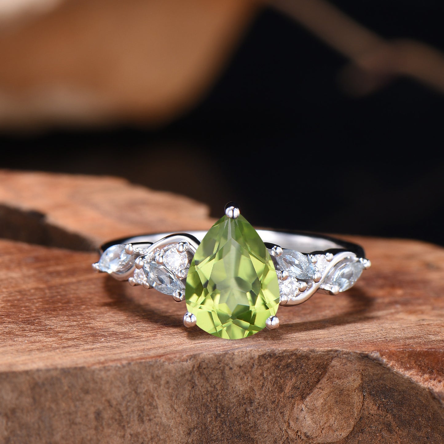 Pear Cut Peridot Engagement Ring Set Nature Inspired Gold Leaf Twig Bridal Set