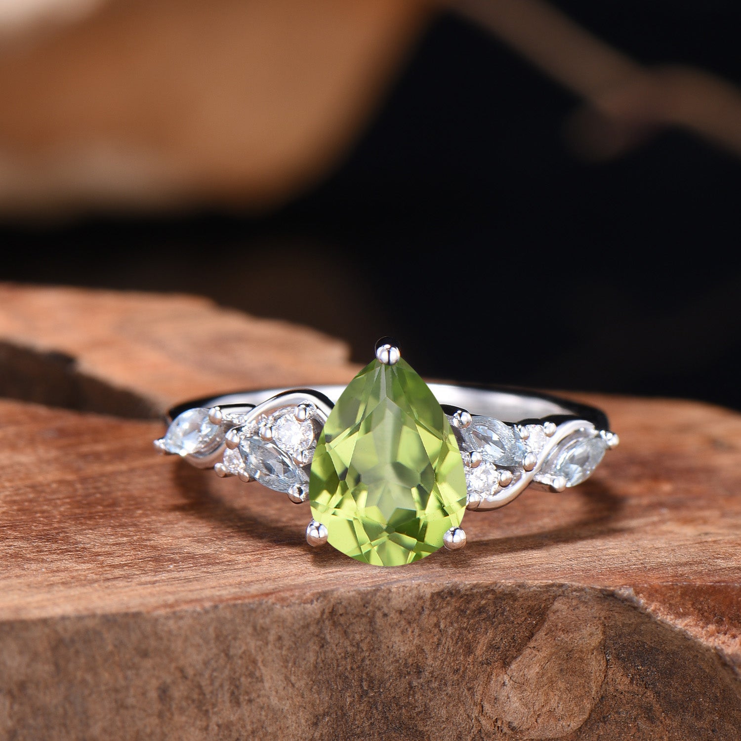Pear Cut Peridot Engagement Ring Set Nature Inspired Gold Leaf Twig Bridal Set