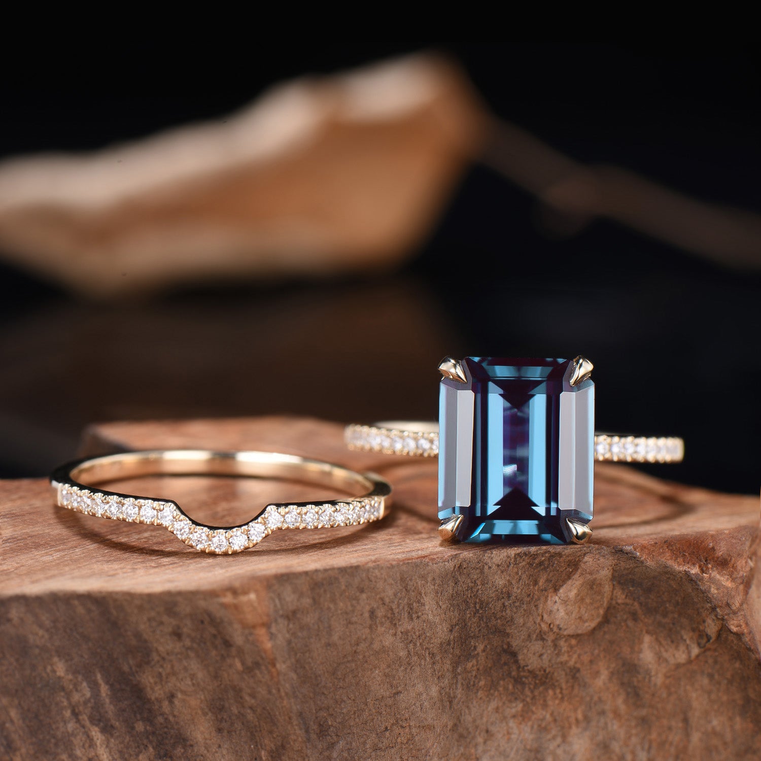 Hidden Halo Emerald Cut Alexandrite Engagement Ring Vintage 14K Rose Gold 6CT Alexandrite Diamond Wedding Ring Anniversary Gifts For Women - PENFINE