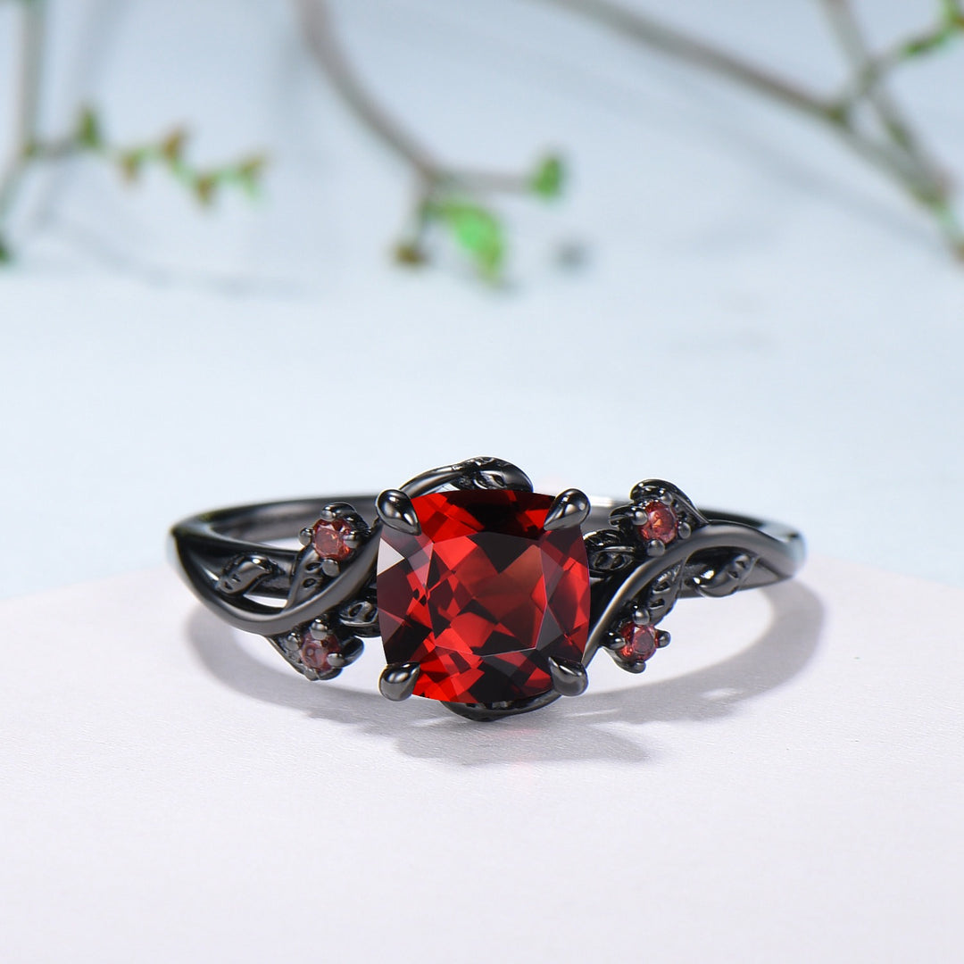 Unique gothic cushion cut garnet wedding ring set black gold natural inspired January birthstone engagement ring for women 2pcs bridal set - PENFINE