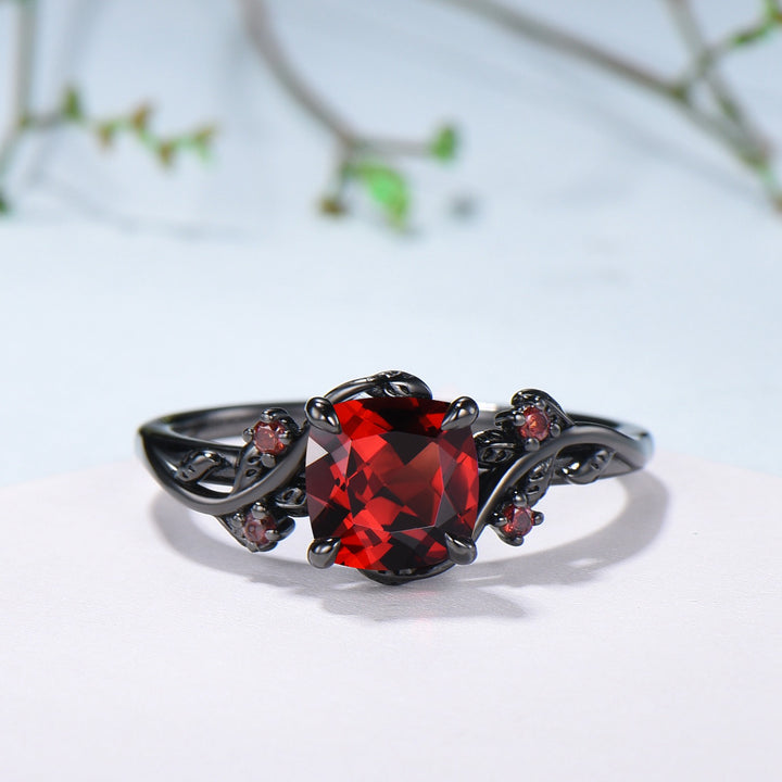 Unique gothic cushion cut garnet wedding ring set black gold natural inspired January birthstone engagement ring for women 2pcs bridal set - PENFINE