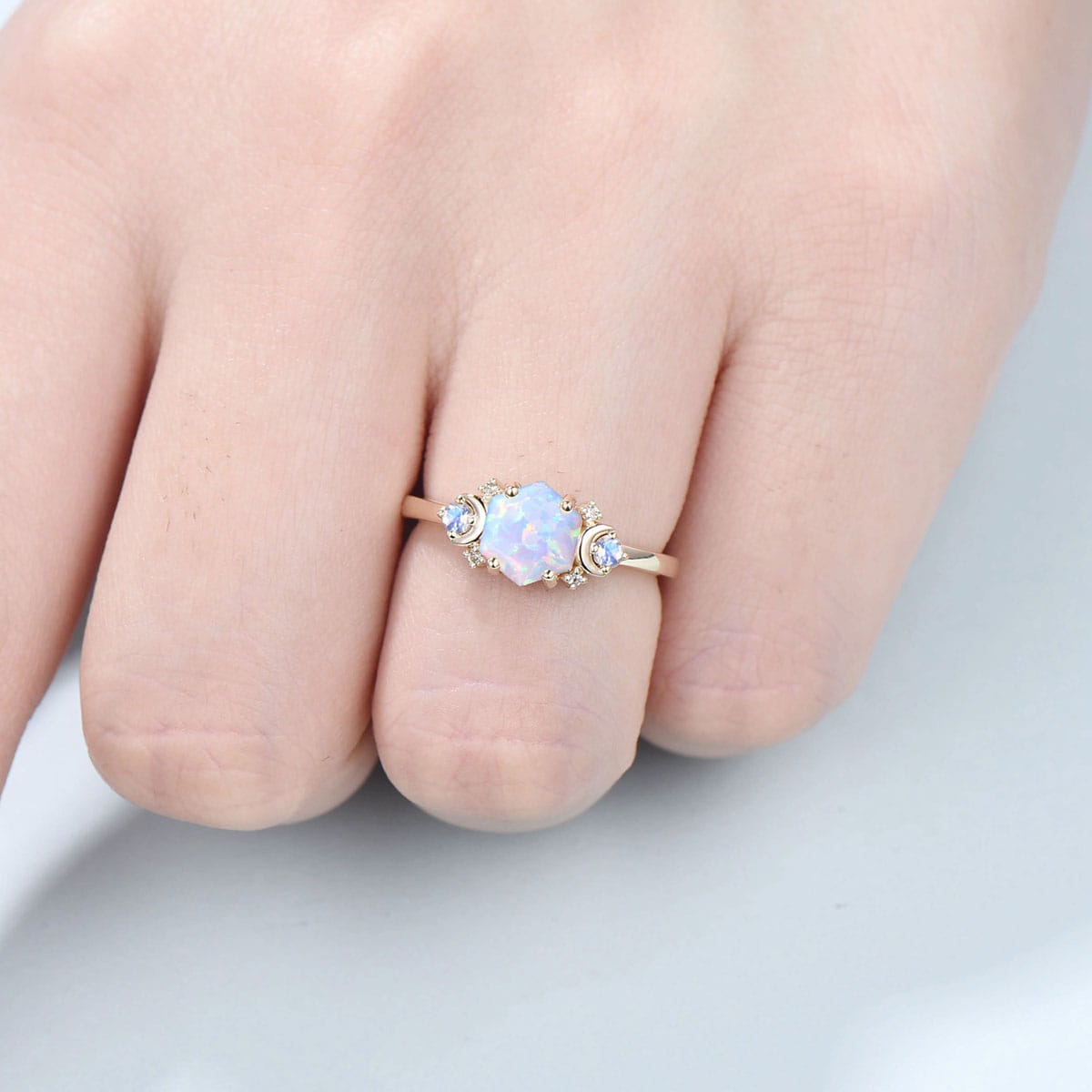 Vintage Moon Opal Engagement Ring Yellow Gold Unique Hexagon Fire Opal Promise Ring For Women Art Deco Cluster Monnstone Wedding Ring Gift - PENFINE