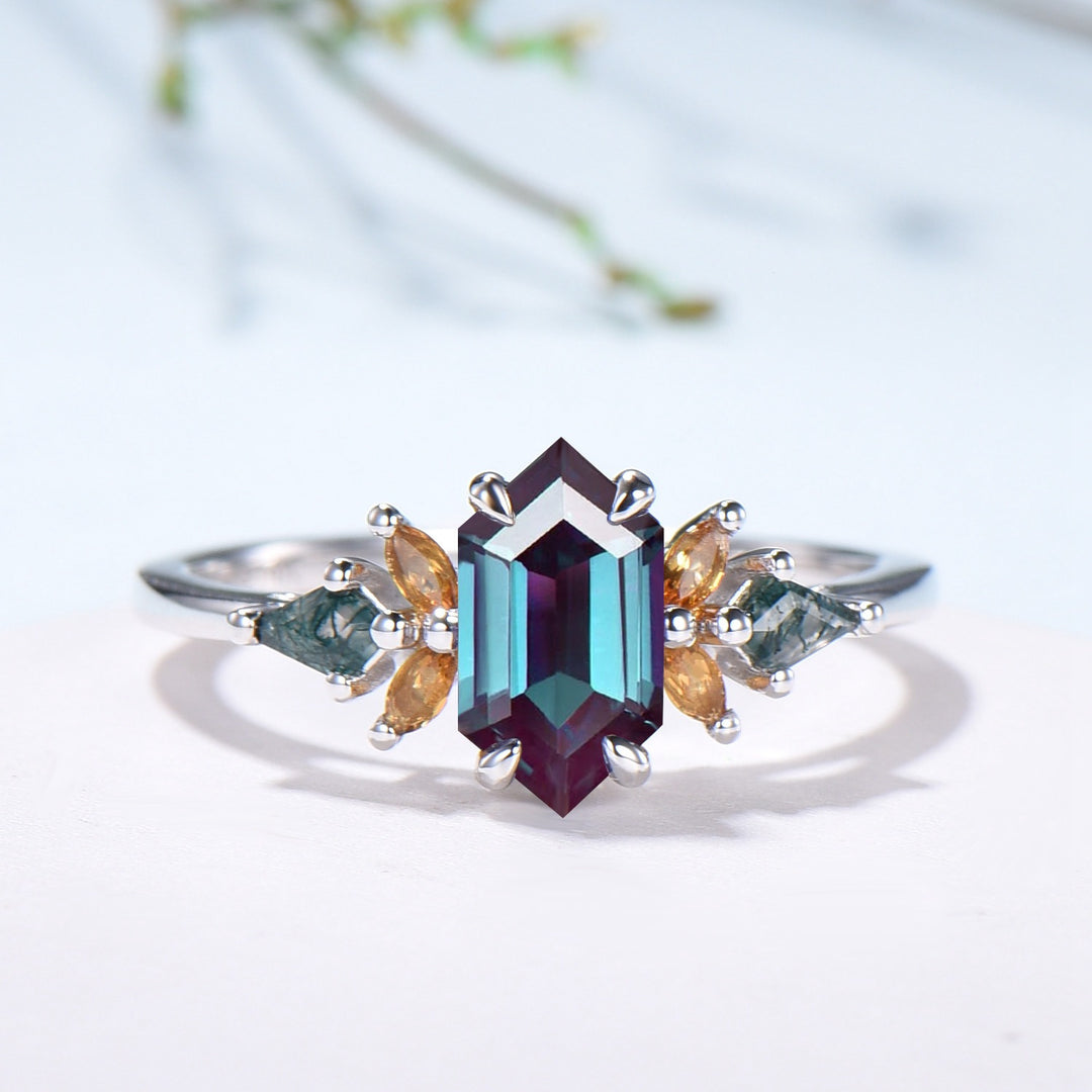 Vintage Elongated Hexagon Alexandrite Bridal Set with Citrine Moss Agate Cluster - PENFINE