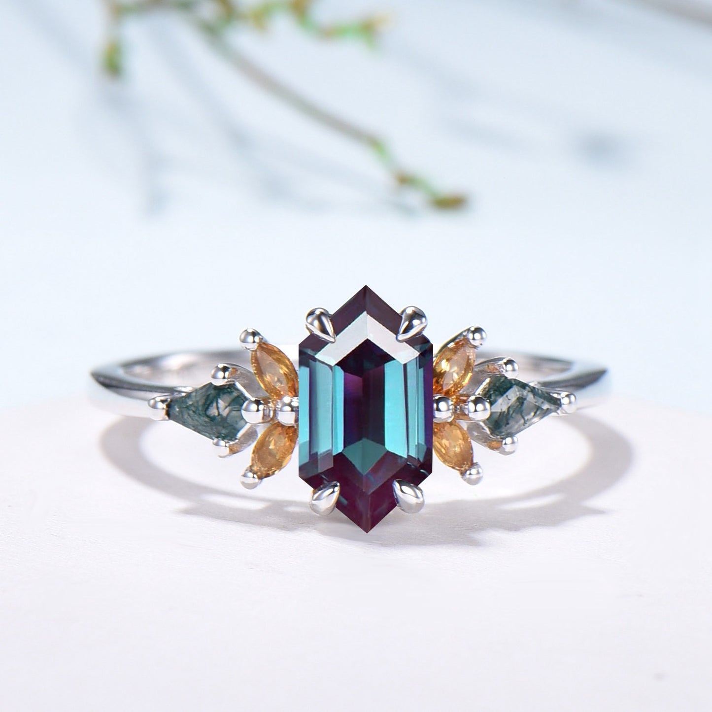 Vintage Elongated Hexagon Alexandrite Bridal Set with Citrine Moss Agate Cluster - PENFINE