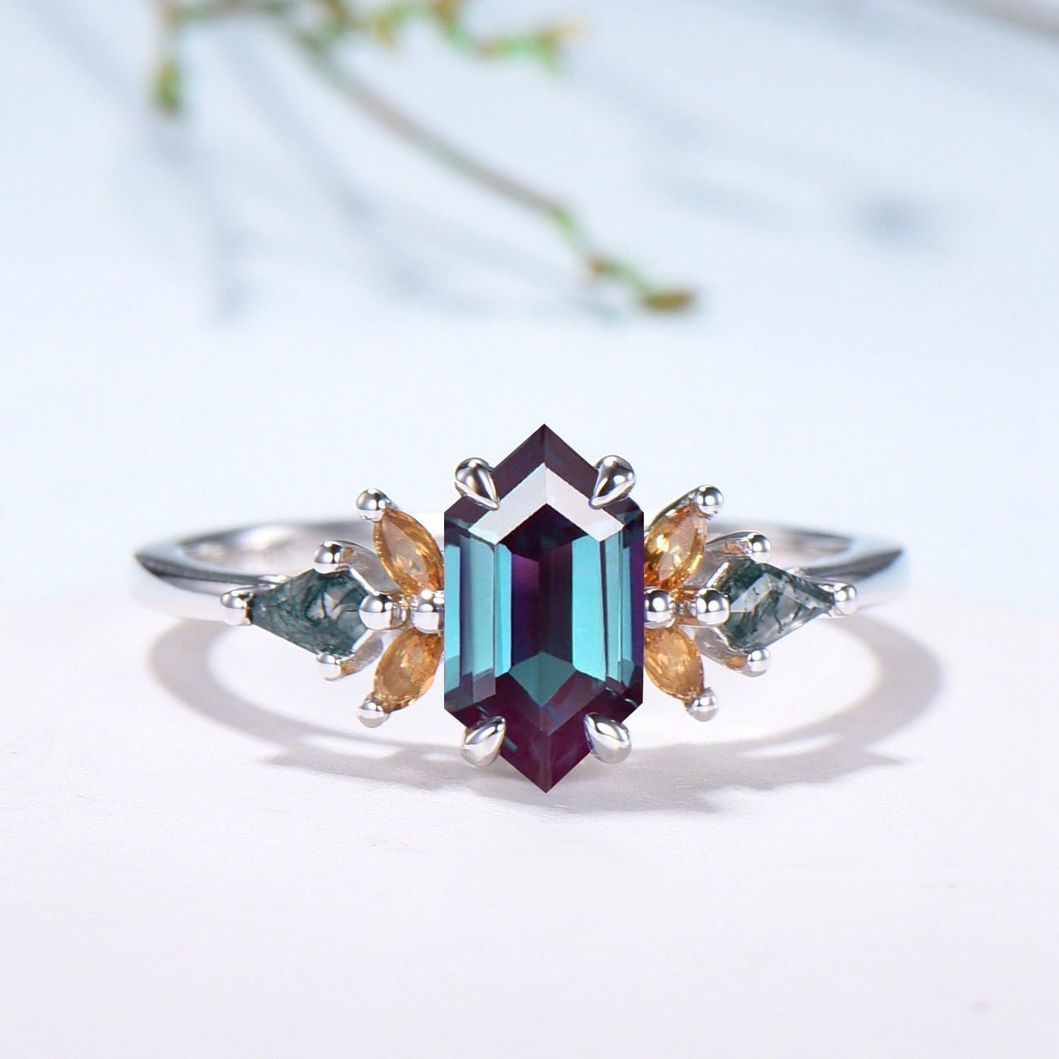 Vintage Elongated Hexagon Alexandrite Bridal Set with Citrine Moss Agate Cluster - PENFINE