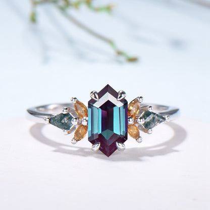 Vintage Elongated Hexagon Alexandrite Bridal Set with Citrine Moss Agate Cluster - PENFINE