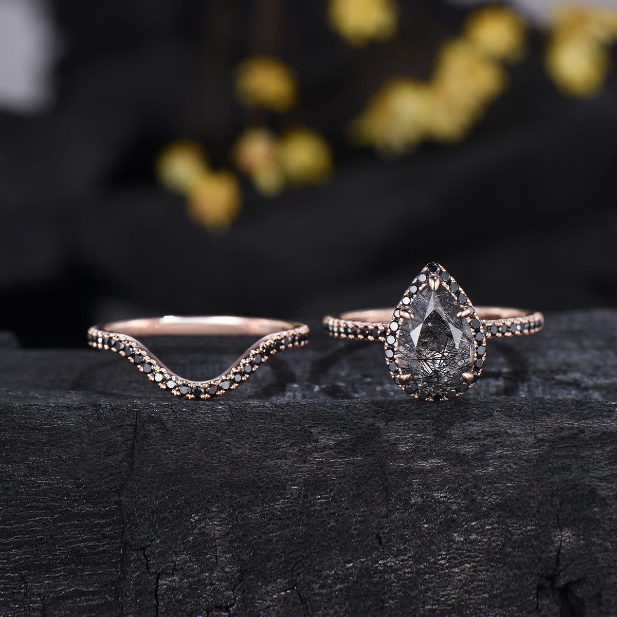 Unique Pear Black Rutilated Quartz Ring Set Midnight Crescent Rose Gold