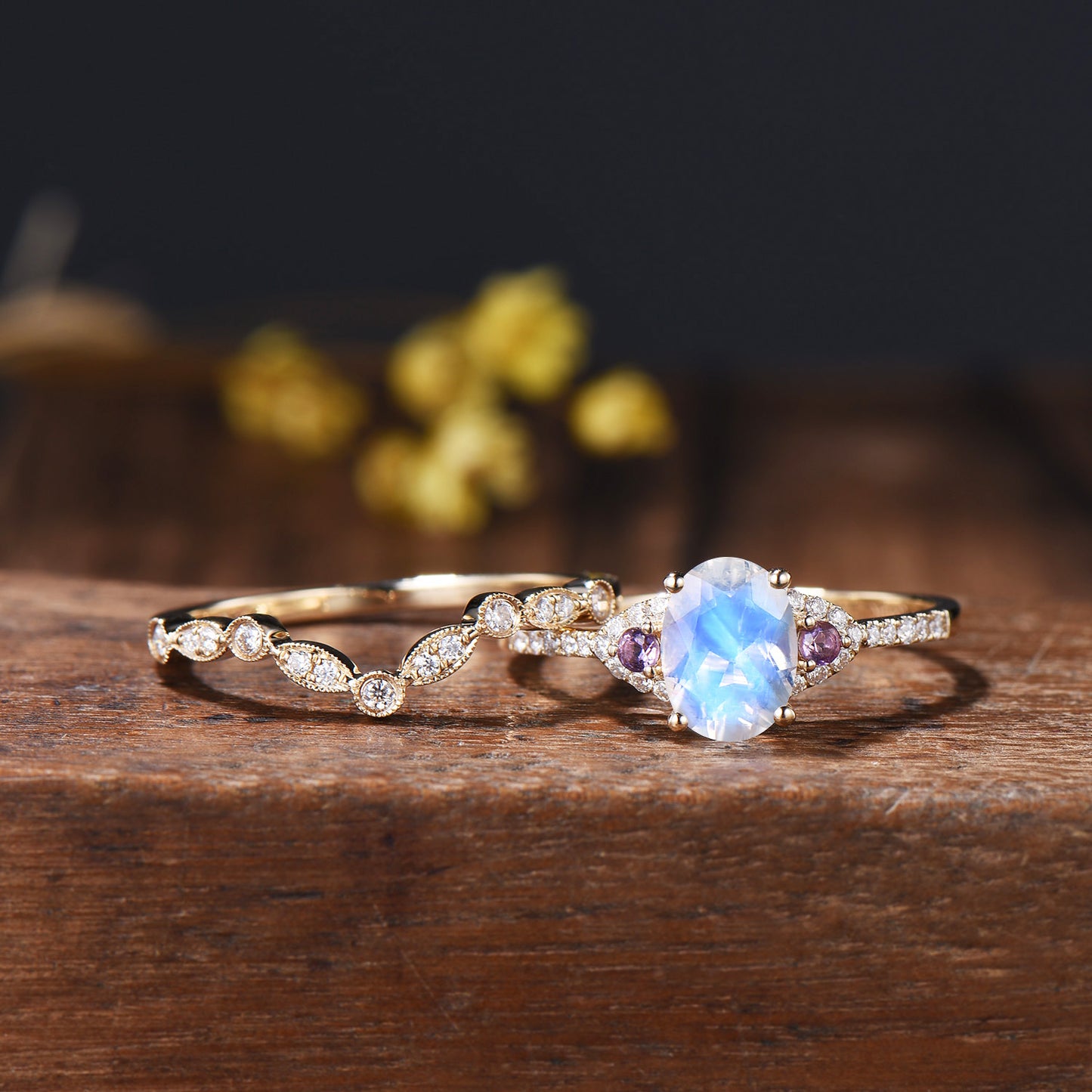 Vintage Moonstone Engagement Ring Set: 14K Gold, Amethyst Bridal Band