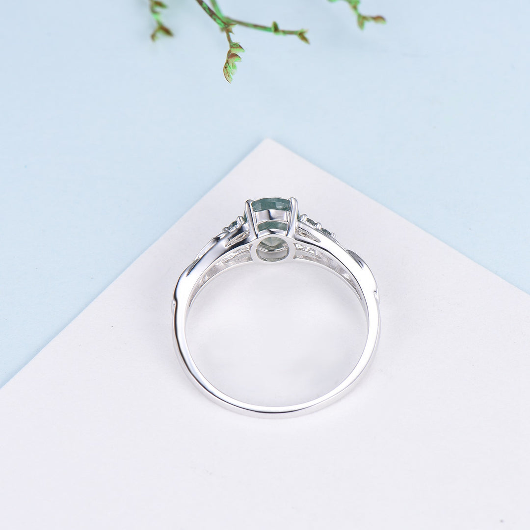 Celtic Knot Oval Natural Moss Agate Engagement Ring Solid 14K/18K White Gold Unique Infinity Ring Cluster Wedding Ring Anniversary gifts - PENFINE