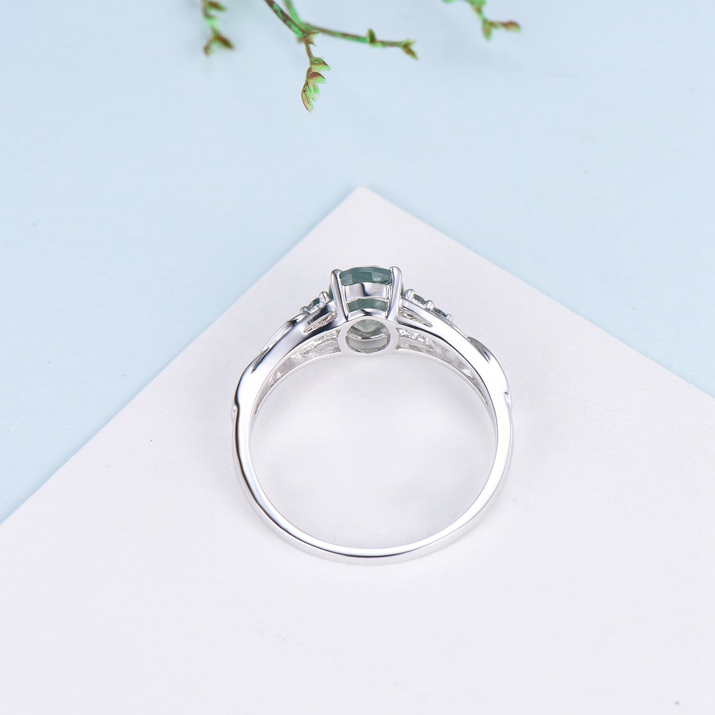 Celtic Knot Oval Natural Moss Agate Engagement Ring Solid 14K/18K White Gold Unique Infinity Ring Cluster Wedding Ring Anniversary gifts - PENFINE