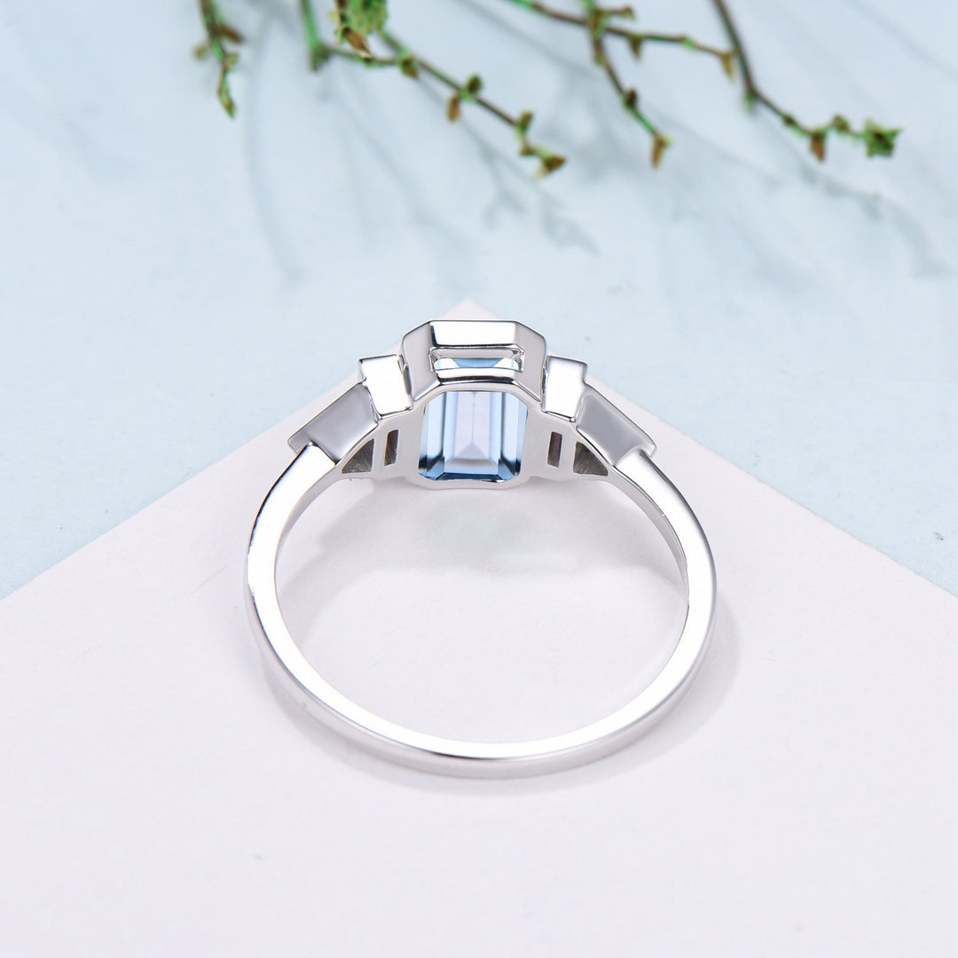 Bezel Set Emerald Cut Aquamarine Engagement Ring Five Stone Baguette Opal & Trillian Alexandrite Wedding Band - PENFINE