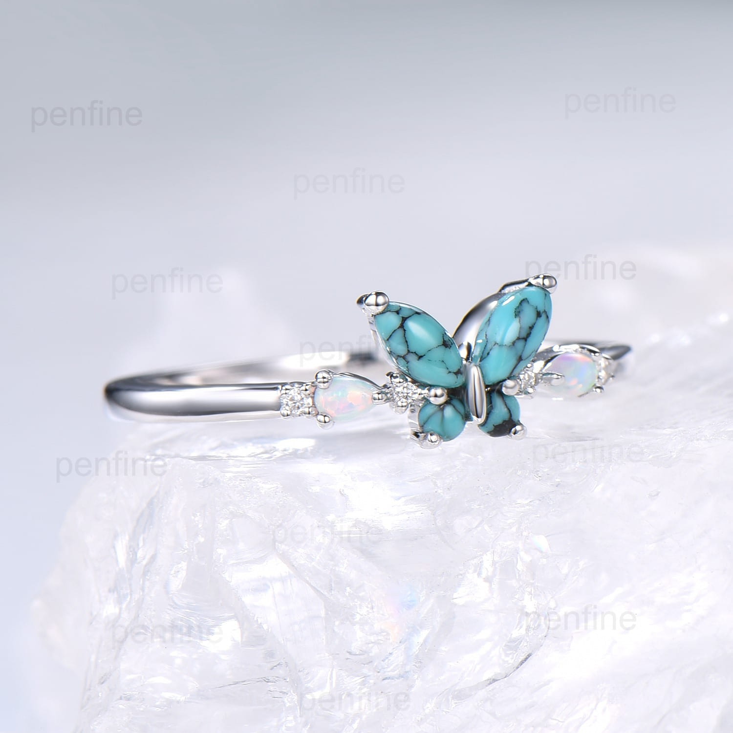 Unique Butterfly Marquise Turquoise Engagement Ring Vintage Pear White Opal Wedding Ring Silver Anniversary Ring December Birthstone Gift - PENFINE