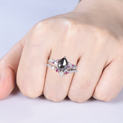 Pear Cut Salt and Pepper Diamond Engagement Ring Set with Ruby Accents & Moon Star Matching Band