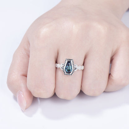 Unique Coffin shaped Alexandrite engagement ring Halo Black diamond retro wedding ring Gothic Limited  Color Change split shank promise Ring - PENFINE