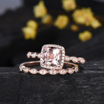 2.5CT Cushion Cut Natural Morganite Engagement Ring Diamond Halo Bridal Set