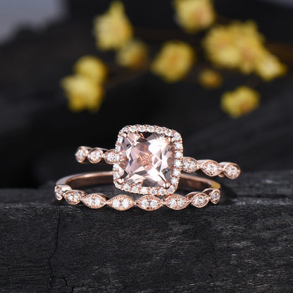 Cushion Cut Natural Morganite Engagement Ring Diamond Halo Bridal Set