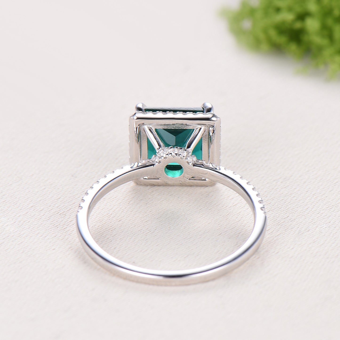 2.5 Carat Princess Cut  Emerald Halo Diamond Engagement Ring 14k White Gold Retro Basket Setting Wedding Bridal Set May Birthstone
