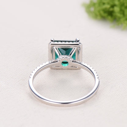 2.5 Carat Princess Cut  Emerald Halo Diamond Engagement Ring 14k White Gold Retro Basket Setting Wedding Bridal Set May Birthstone