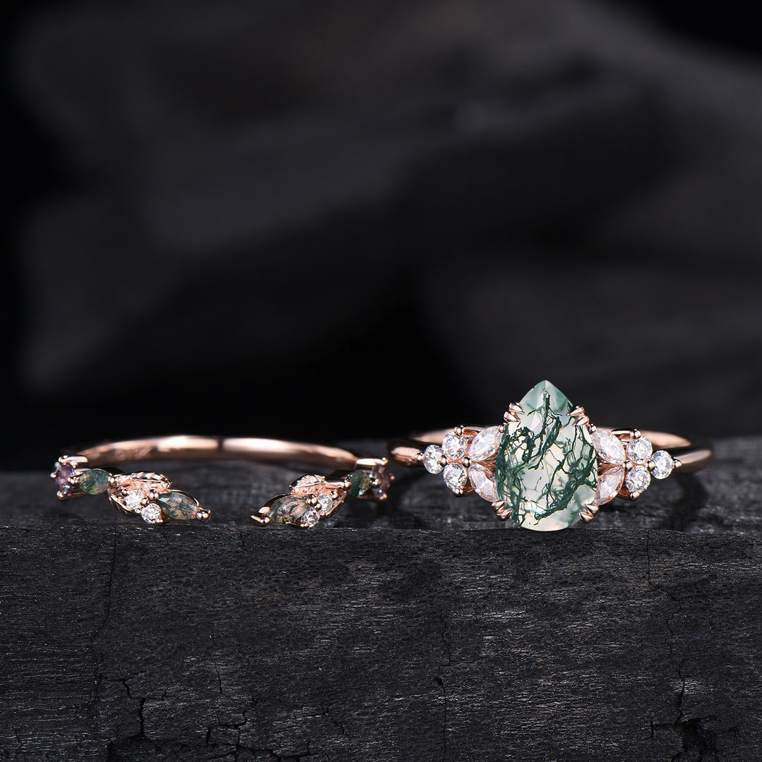 vintage pear shaped moss agate engagement ring floral 6x9mm green agate moissanite wedding set art deco leaf vine alexandrite stacking band - PENFINE