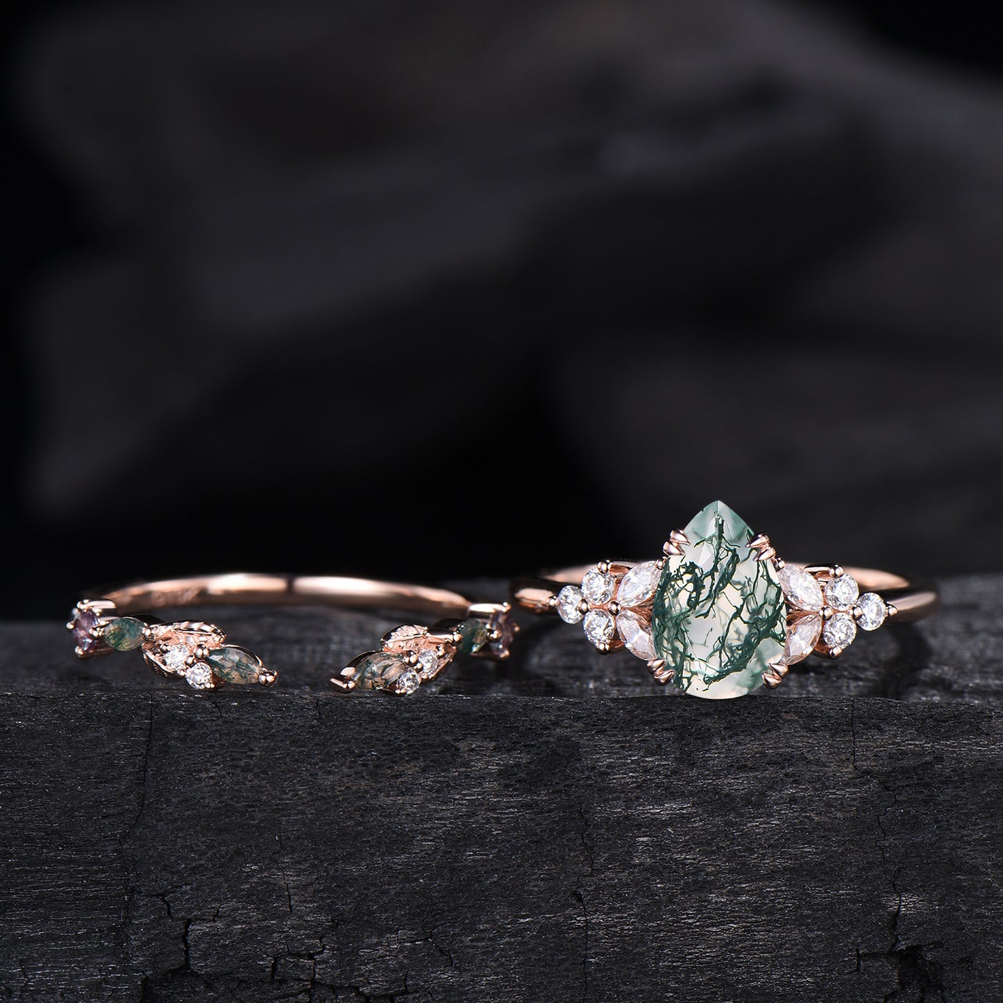 vintage pear shaped moss agate engagement ring floral 6x9mm green agate moissanite wedding set art deco leaf vine alexandrite stacking band - PENFINE