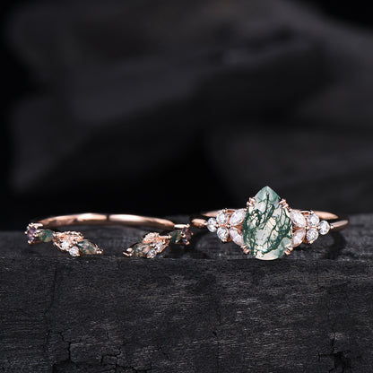 vintage pear shaped moss agate engagement ring floral 6x9mm green agate moissanite wedding set art deco leaf vine alexandrite stacking band - PENFINE