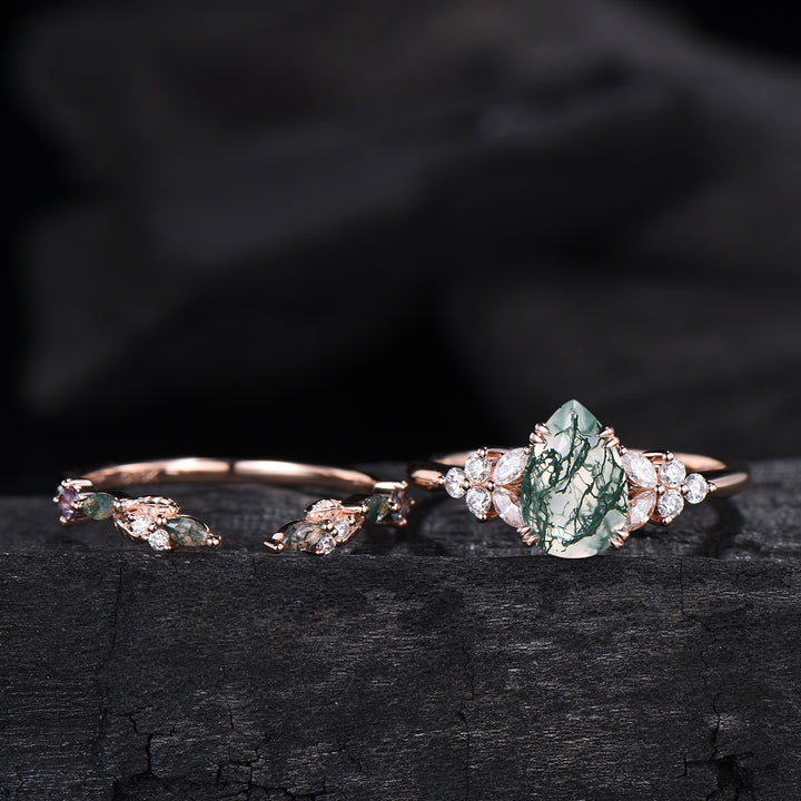 vintage pear shaped moss agate engagement ring floral 6x9mm green agate moissanite wedding set art deco leaf vine alexandrite stacking band - PENFINE