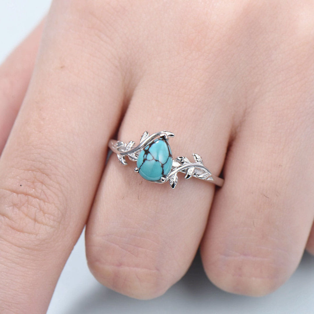 Teardrop Turquoise Ring White Gold Natural Inspired Leaf Turquoise Engagement Ring Branch Gold Wedding Ring for Women Twig Promise Ring - PENFINE