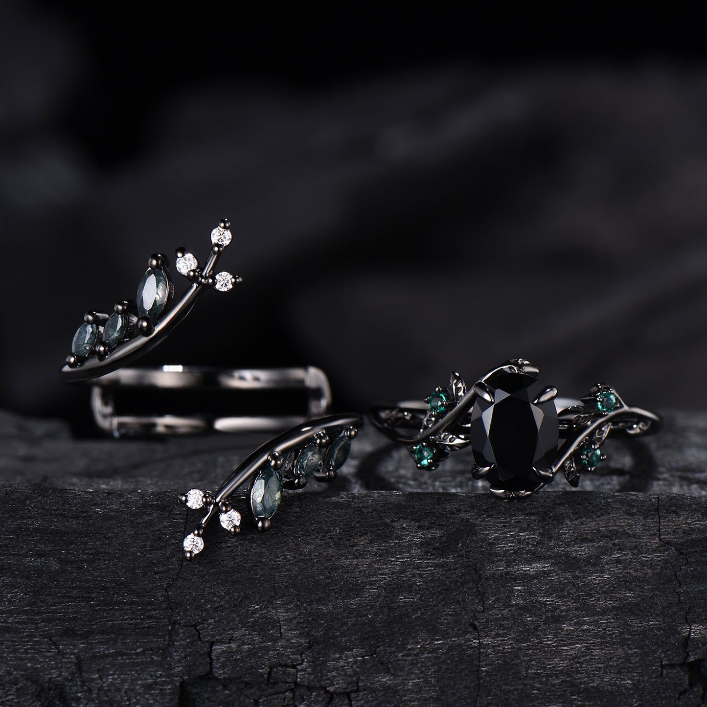 Unique gothic black gold onyx engagement ring set leaf nature inspired emerald wedding ring set twig vine marquise moss agate bridal set