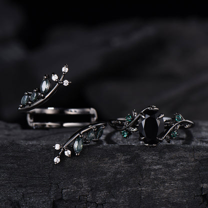Unique gothic black gold onyx engagement ring set leaf nature inspired emerald wedding ring set twig vine marquise moss agate bridal set