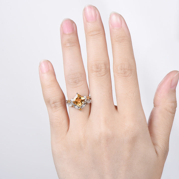 Unique Princess Cut Citrine Engagement Ring Set Vintage 14k Yellow Gold Sterling Silver November Birthstone Ring Art Deco Bridal Ring Set