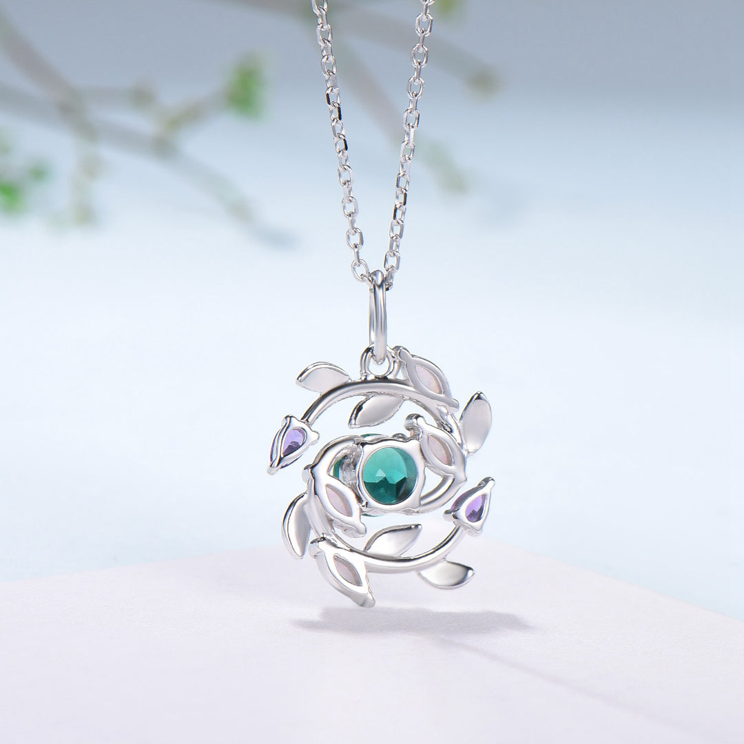 Handmade Gold Emerald Necklace: Opal, Amethyst, Floral Pendant - PENFINE