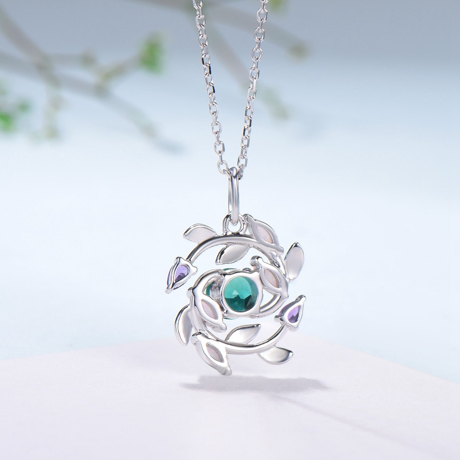 Handmade Gold Emerald Necklace: Opal, Amethyst, Floral Pendant - PENFINE