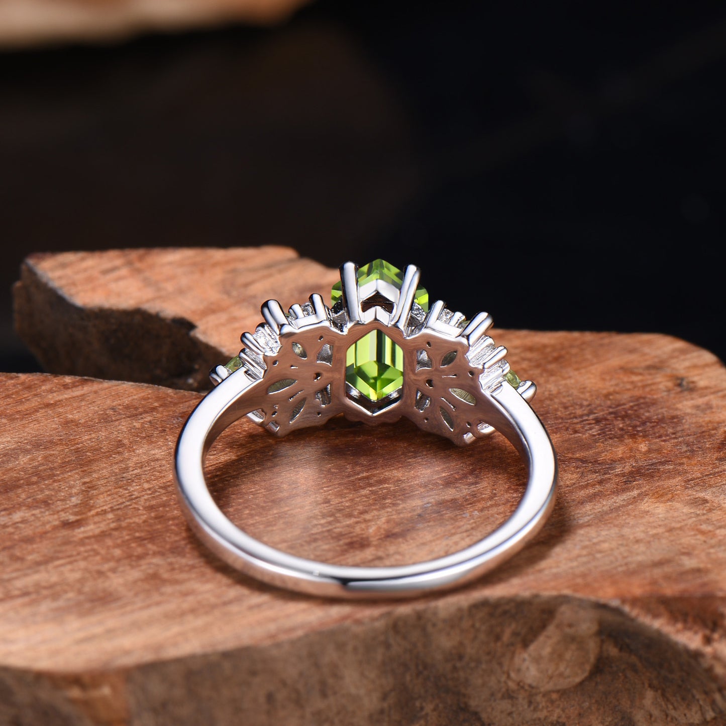 Vintage Art Deco Peridot Engagement Ring, Marquise Moissanite Accent