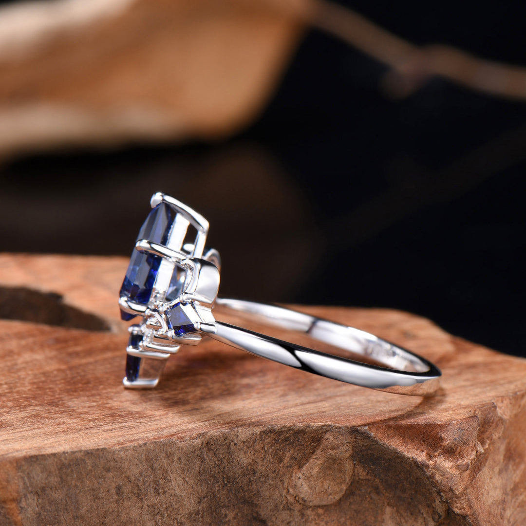 Unique Sapphire Ring Set Vintage Kite Cut Blue Sapphire Engagement Ring Open Gap Ruby Wedding Band Gold Bridal Set Anniversary Promise Gifts