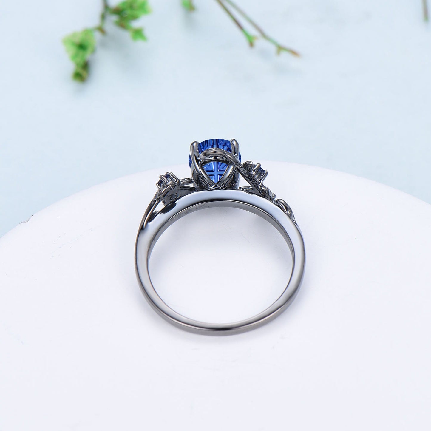 Black Gold Oval Fantasy Cut Sapphire Engagement Ring Nature Inspired Leaf Vine Ring