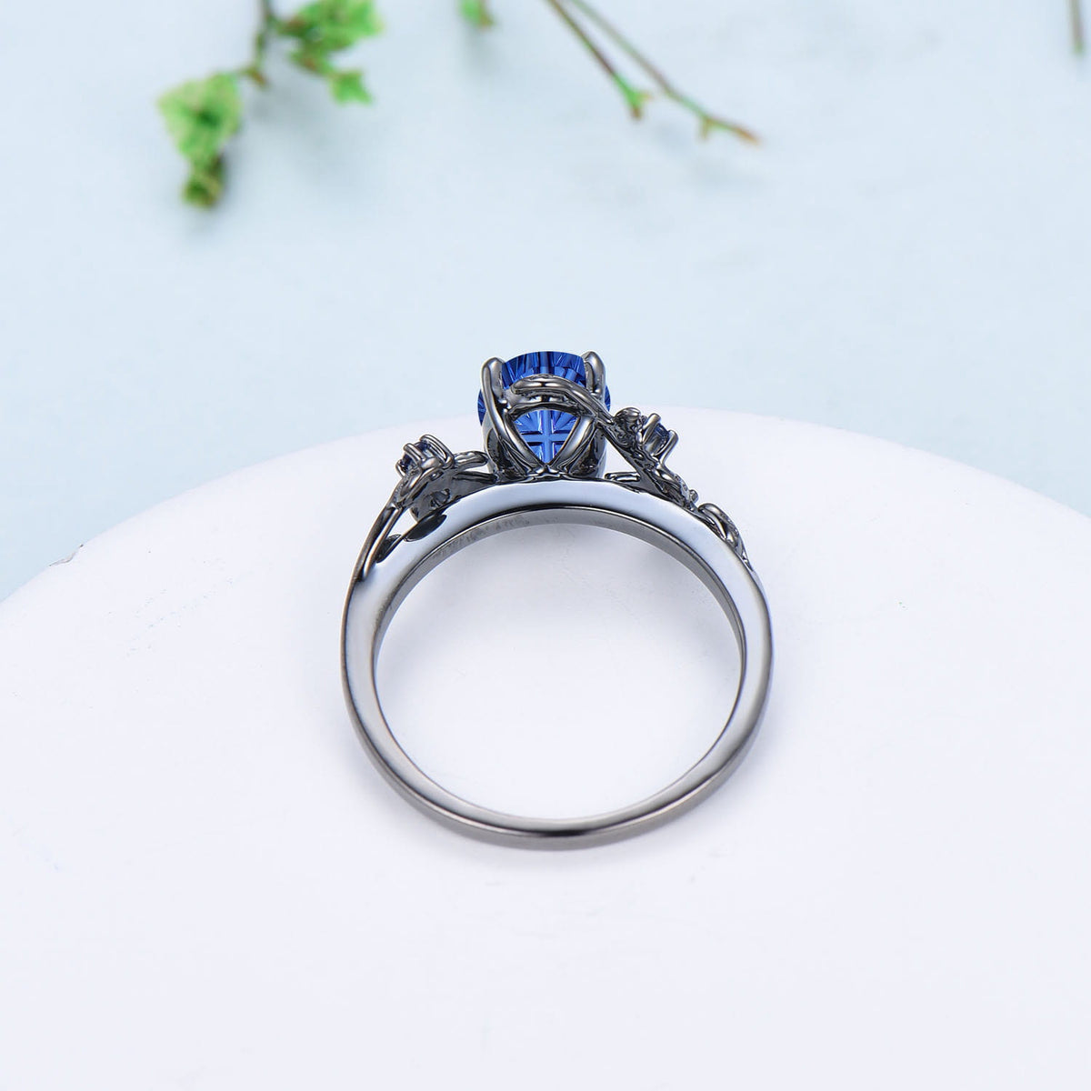 Black Gold Oval Fantasy Cut Sapphire Engagement Ring Nature Inspired Leaf Vine Ring