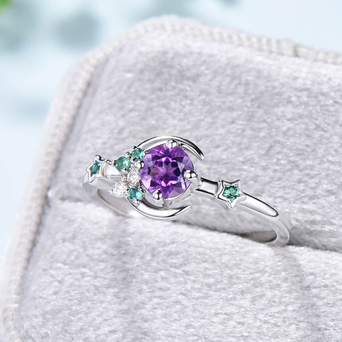 Vintage Crescent moon Amethyst Ring For Women Unique Cluster Star Galaxy Emerald moissanite wedding ring celestial anniversary gift for her - PENFINE