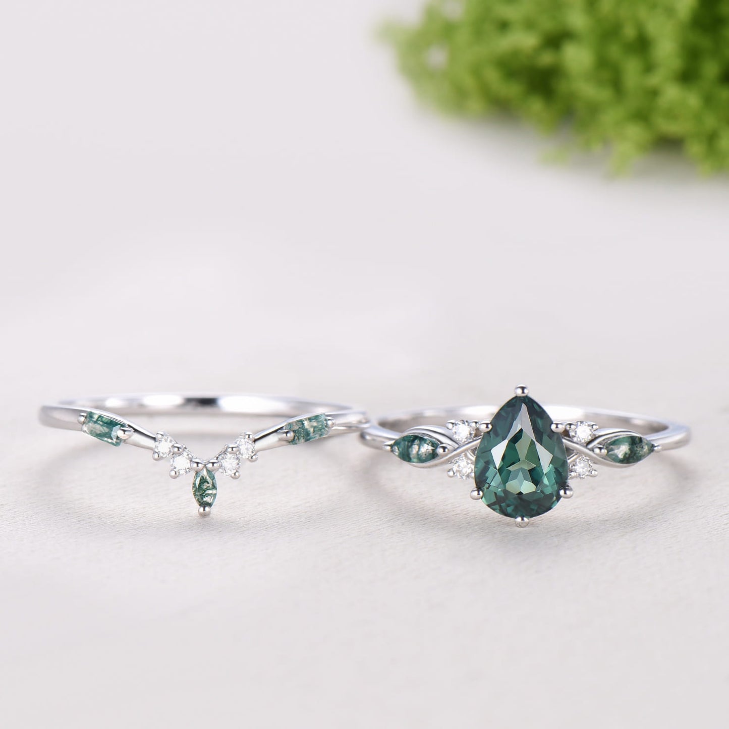 Vintage Pear Shaped Green Teal Sapphire Engagement Ring Set Unique 14k Rose Gold Vine Moss Agate Bridal Set Anniversary Promise Ring Gift