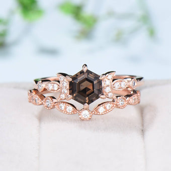 Vintage Smoky Quartz Engagement Ring Set Hexagon Brown Quartz Wedding Ring Set 14K Solid Gold Ring,Unique Women Moissanite Promise Ring - PENFINE