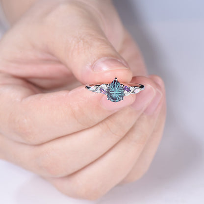 Unique Pear Shaped Fantasy Cut Color-change Alexandrite Engagement Ring Amethyst Opal Cluster Ring