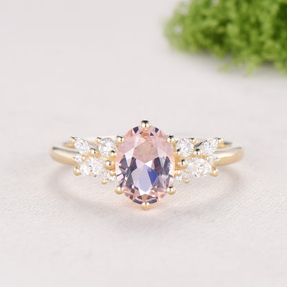 Oval Morganite Wedding Ring Set Rose Gold Morganite Diamond Engagement Ring Set Vintage Leaf Stacking Ring Natural Inspired Promise Ring