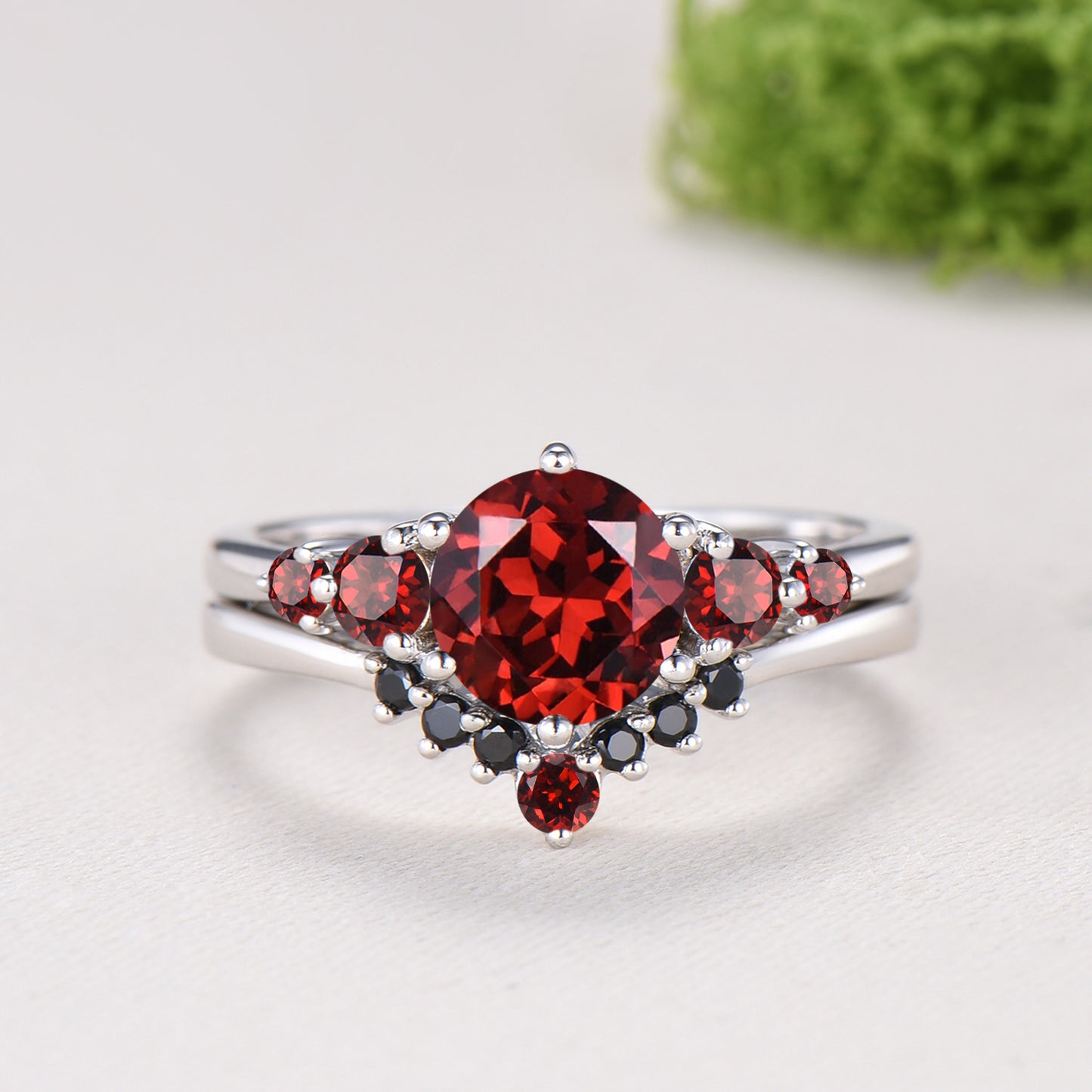 Natural Garnet Engagement Ring, Round Cut January Birthstone Five Stone Wedding Band, Black Spinel Bridal Set