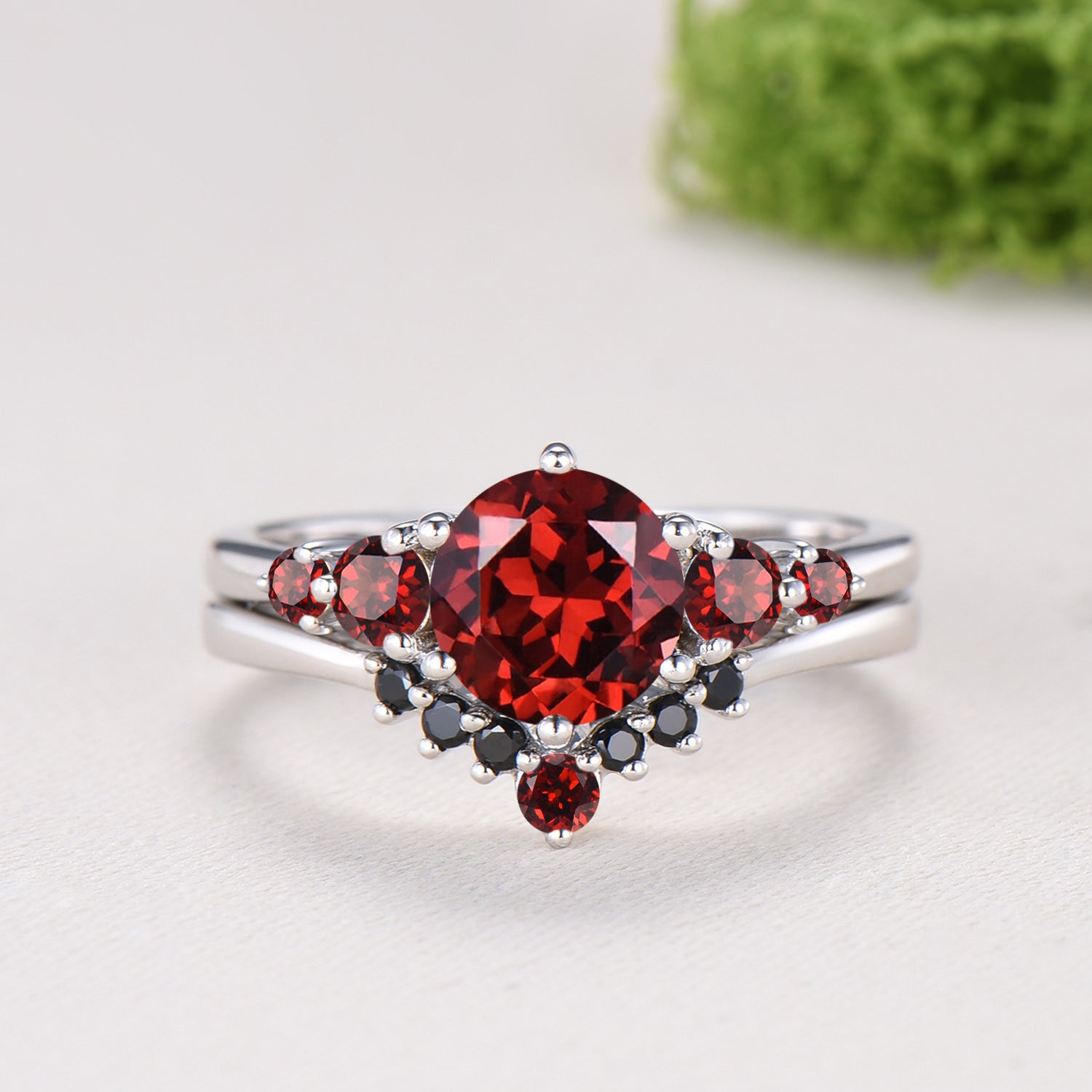 Natural Garnet Engagement Ring, Round Cut January Birthstone Five Stone Wedding Band, Black Spinel Bridal Set