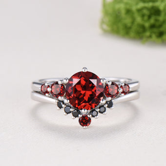 Natural Garnet Engagement Ring, Round Cut January Birthstone Five Stone Wedding Band, Black Spinel Bridal Set