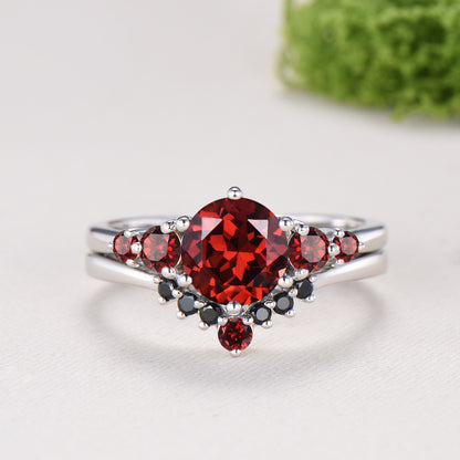 Natural Garnet Engagement Ring, Round Cut January Birthstone Five Stone Wedding Band, Black Spinel Bridal Set