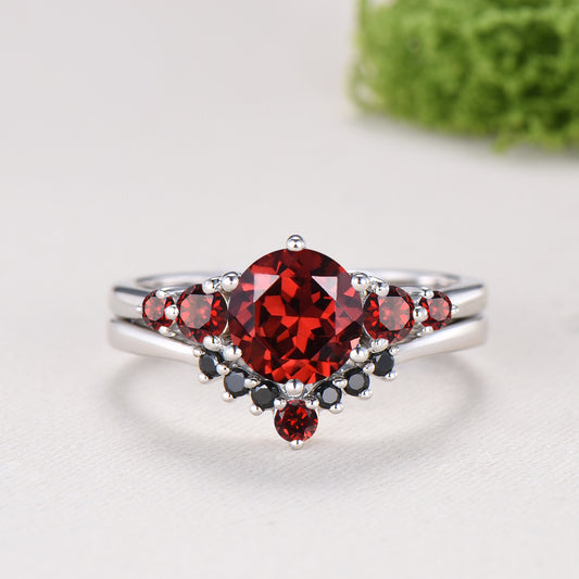 Natural Garnet Engagement Ring, Round Cut January Birthstone Five Stone Wedding Band, Black Spinel Bridal Set