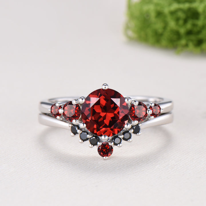 Natural Garnet Engagement Ring, Round Cut January Birthstone Five Stone Wedding Band, Black Spinel Bridal Set
