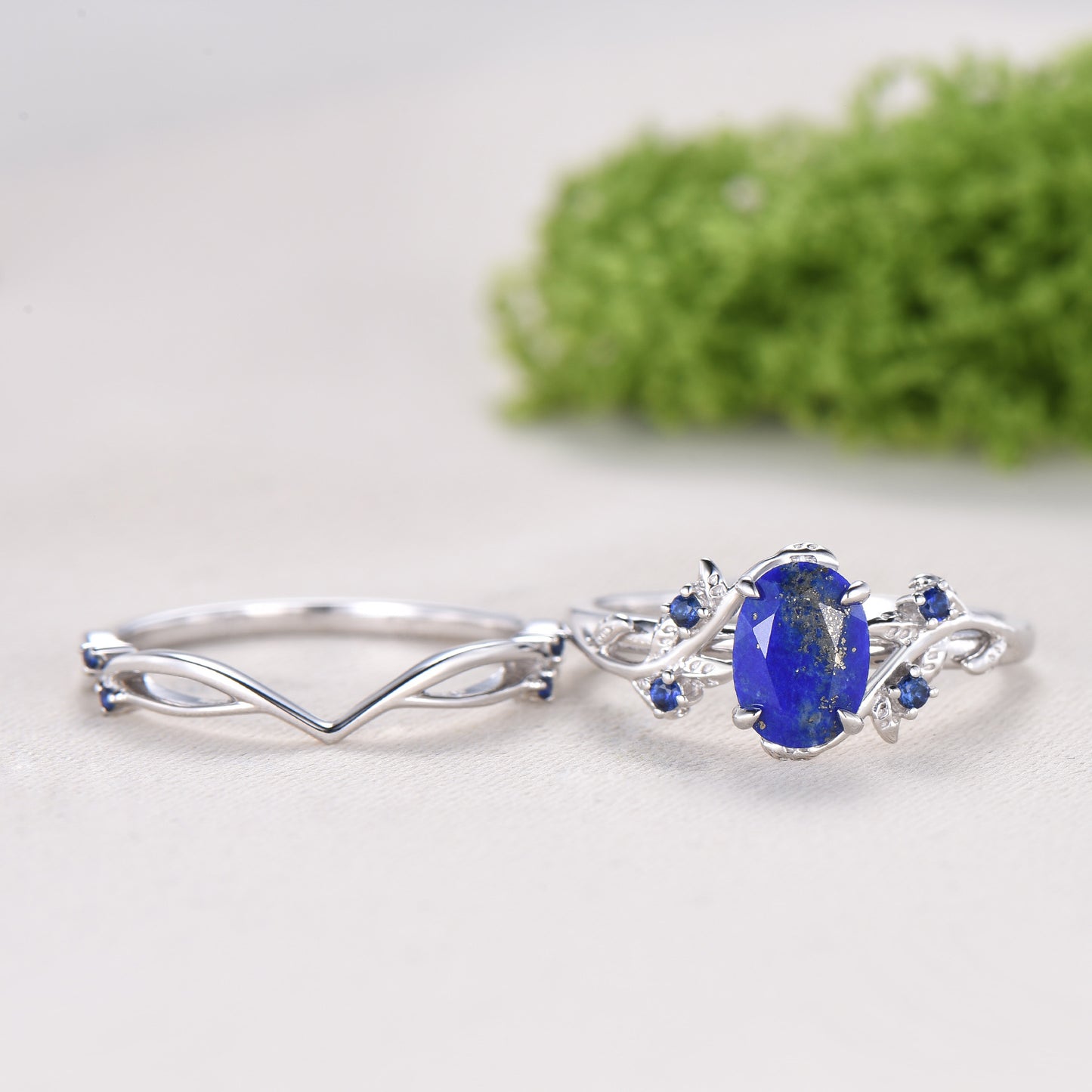 Nature Inspired Lapis Lazuli Wedding Ring Set Elegant Twig Engagement Ring Cluster Sapphire Branch Promise Ring Blue Stone Anniversary Ring - PENFINE