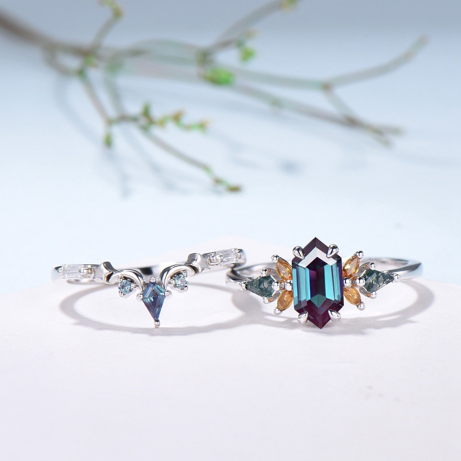 Vintage Elongated Hexagon Alexandrite Bridal Set with Citrine Moss Agate Cluster - PENFINE
