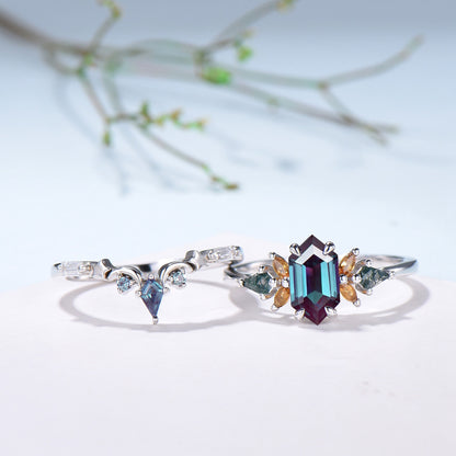 Vintage Elongated Hexagon Alexandrite Bridal Set with Citrine Moss Agate Cluster - PENFINE
